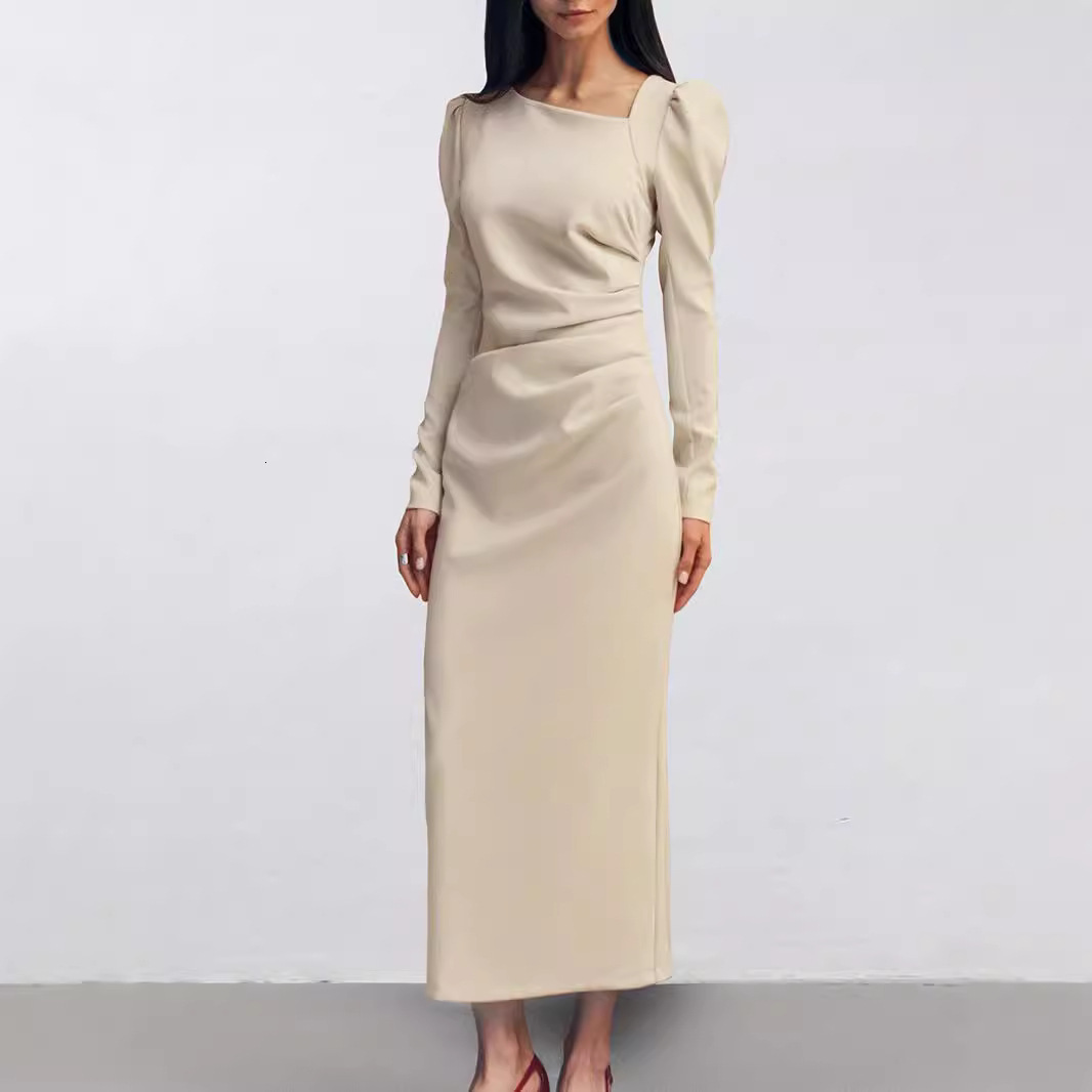Designer's autumn new casual elegant irregular collar fluffy sleeves slim fit split dress khaki long skirt