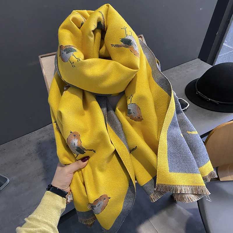 2023 New Women Winter Scarf Cashmere Shawls and Wraps Bufandas Bird Print Warm Thick Scarves Blanket for Lady J251113