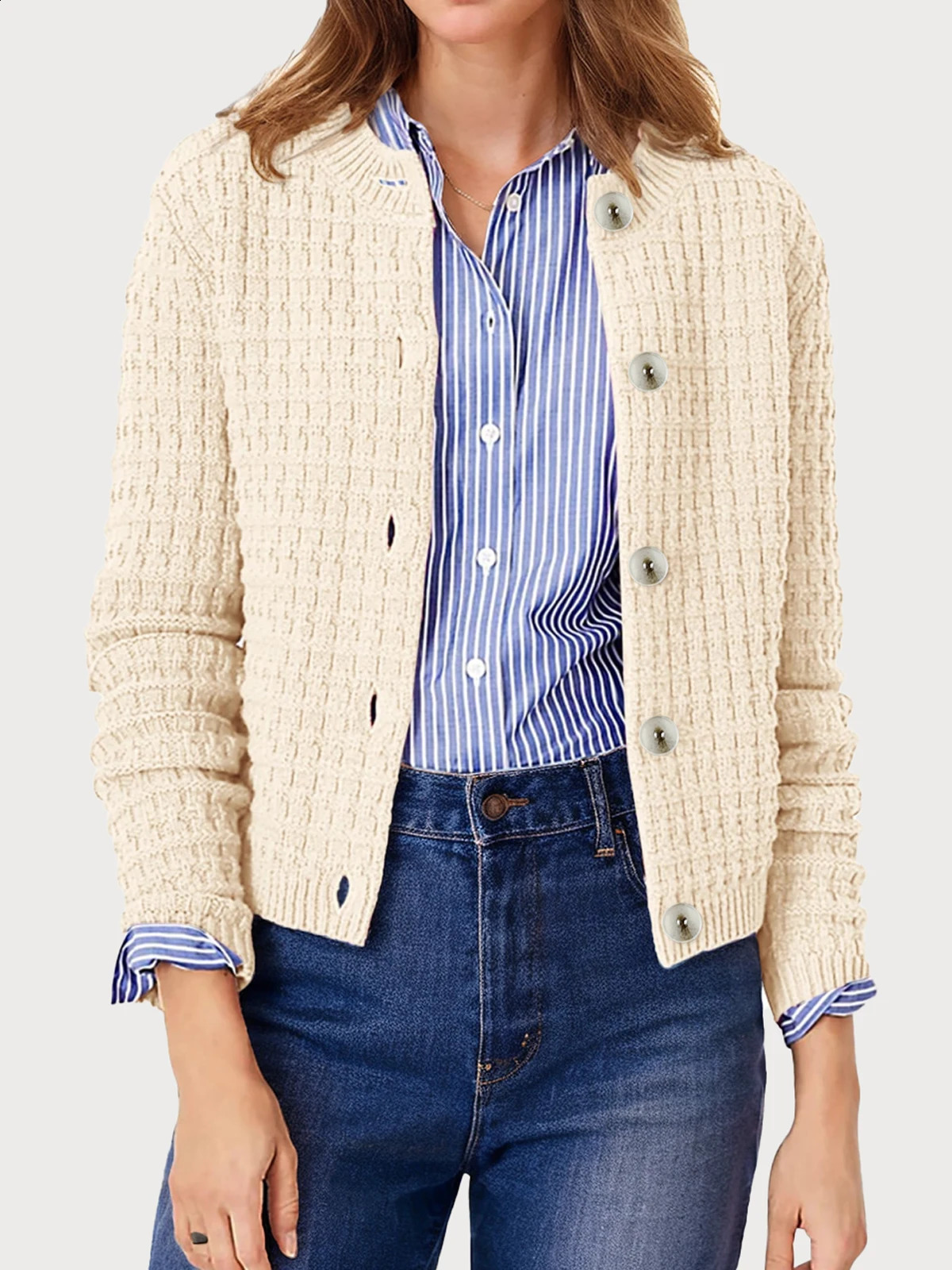 Womens Temperament Round Neck Knitted Top Retro Casual SingleBreasted LongSleeved Cardigan Sweater Jacket 251023