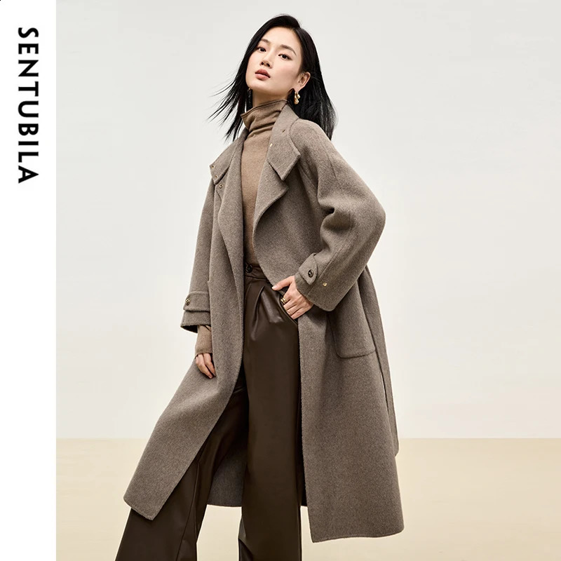 SENTUBILA Women Wool Blend Long Coat Winter Warm Outerwears Loose Fit Stand Neck Double Sided Belted Overcoat W44O56661 251021