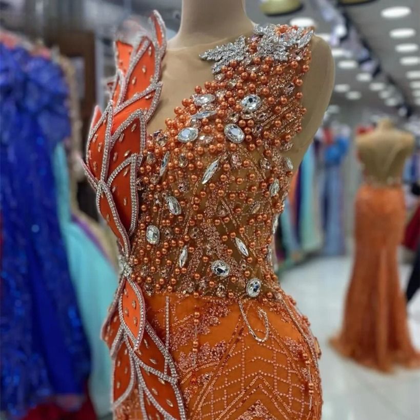 2026 Aso Ebi Orange Mermaid Prom Dress Pearls Crystals Sheer Neck Evening Formal Party Second Reception Birthday Engagement Gowns Dresses Robe De Soir
