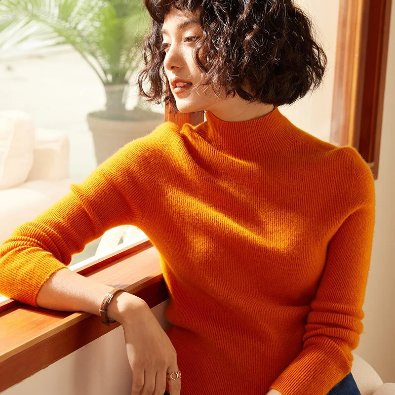 Autumn and winter womens 100 pure cashmere semi high neck pullover sweater knitted slim fit selling top 251016