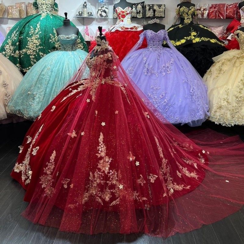 2026 Red Sexy V-neck Princess Quinceanera Dresses Ball Gown Off The Shoulder Gold Appliques Bow Corset Sweet 15 Vestidos De XV Anos