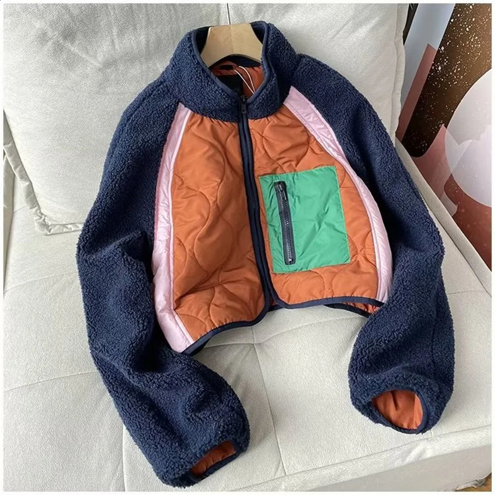 High quality fashionable autumn and winter womens fleece patchwork lamb wool short jacket cotton 251018