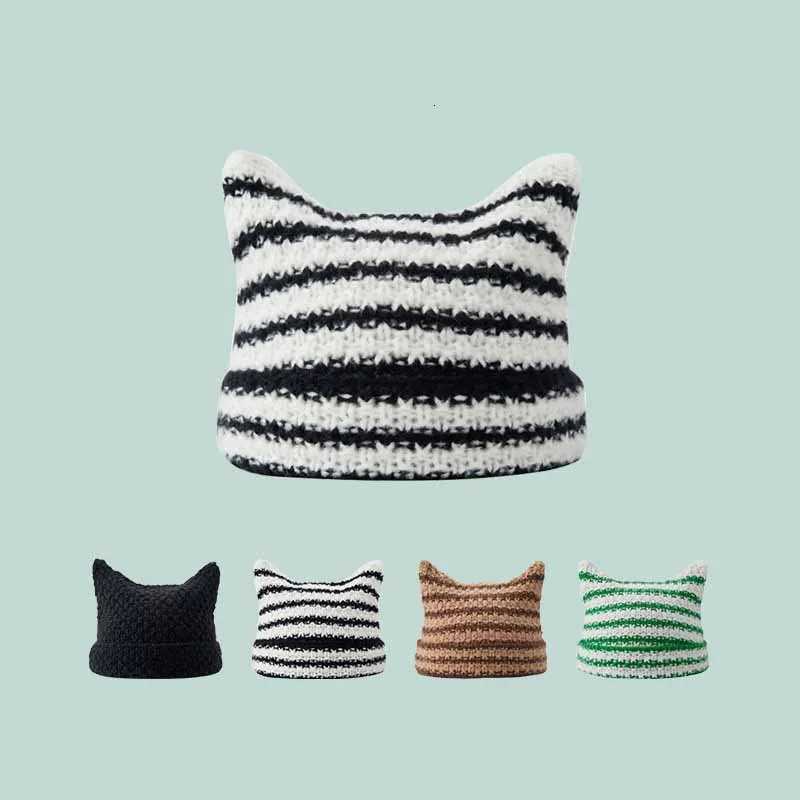 Unisex Cat Ear Stripe Knit Hat Japanese Style Winter Warm Couple Beanie Minimalist Cold Weather Outdoor Fashion Warm CapXJ251023