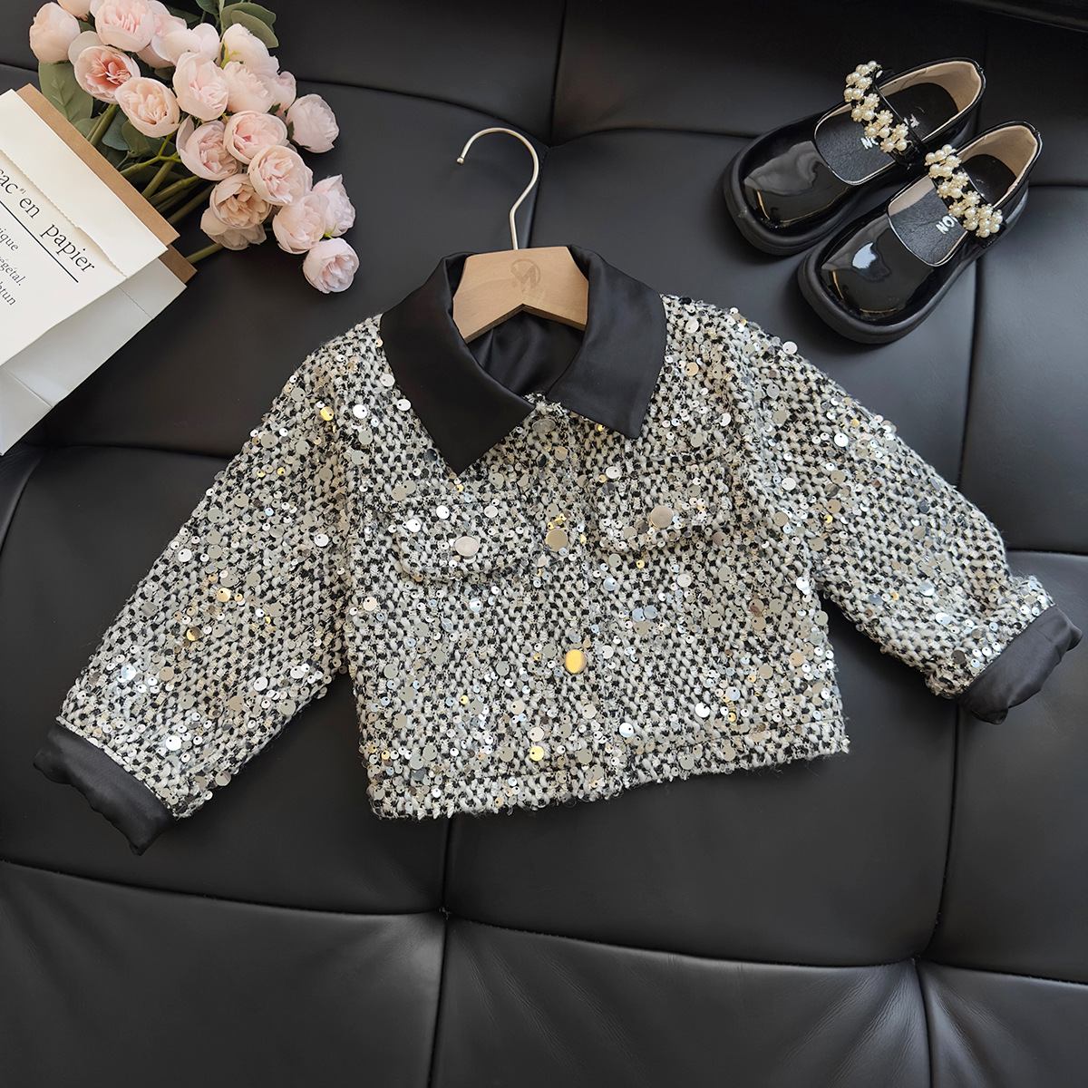 Girl designer fashion style set Spring and Autumn baby girl sequin jacket dress short skirt two-piece princess style
