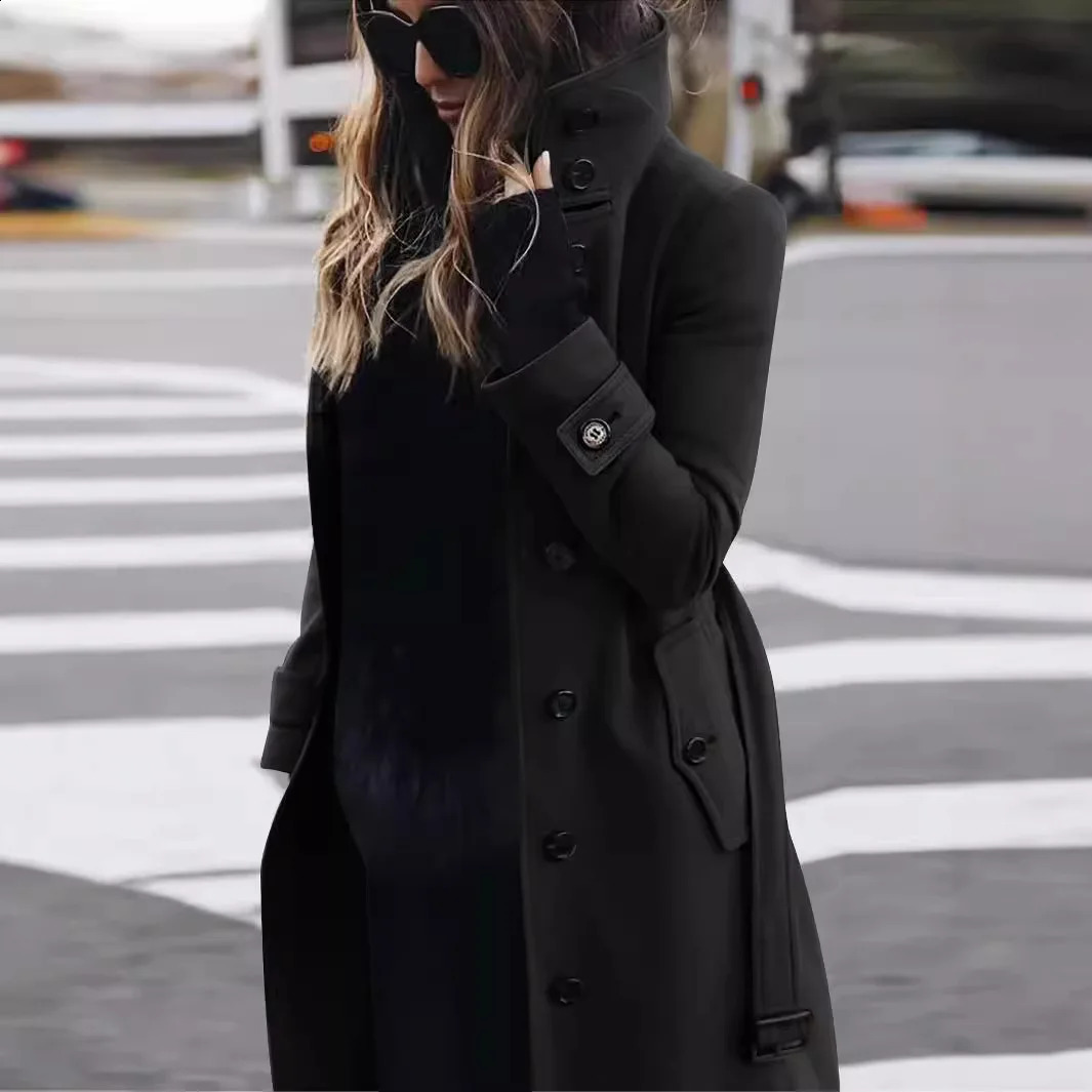 Solid Color Button Long Wool Coat Autumn Warm Stand Collar Women Fashion Ladies High Neck Pocket Belt Trench 251021