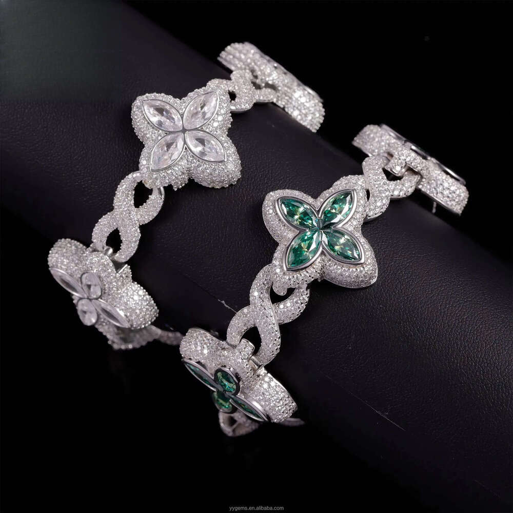 Yy New Design Iced Out Clovers Vvs Moissanite Cuban Chain Sterling Sier Fine Jewelry Bracelets for Men Women