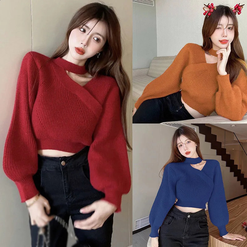 Womens Neck Hanging Solid Sweater Warm Pullover Sweater Vneck Cross Neck Off Shoulder Knitwear Tops 251023