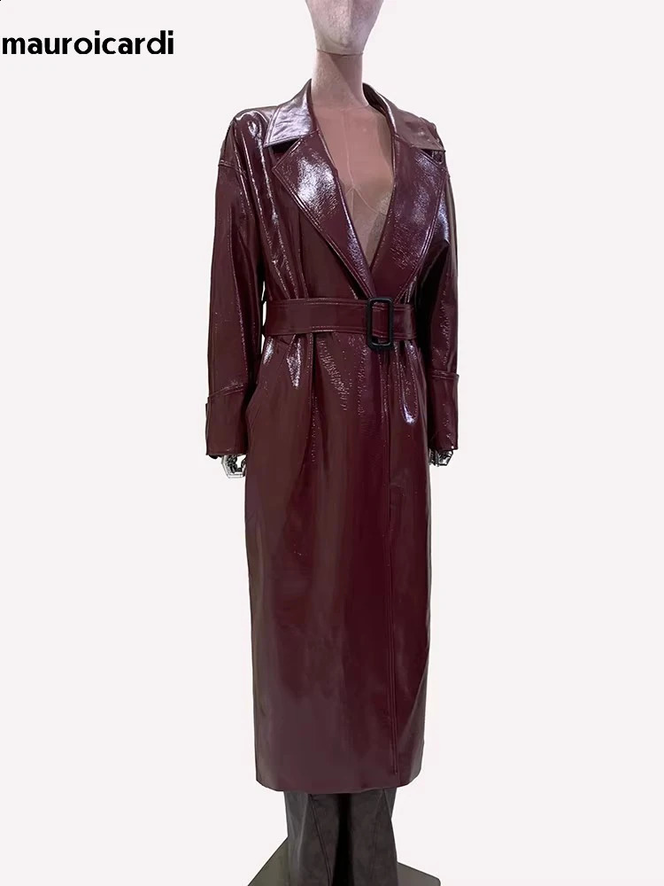 Mauroicardi Spring Autumn Extra Long Oversized Pu Leather Trench Coat for Women Sashes Elegant Chic y ner Clothes 251017