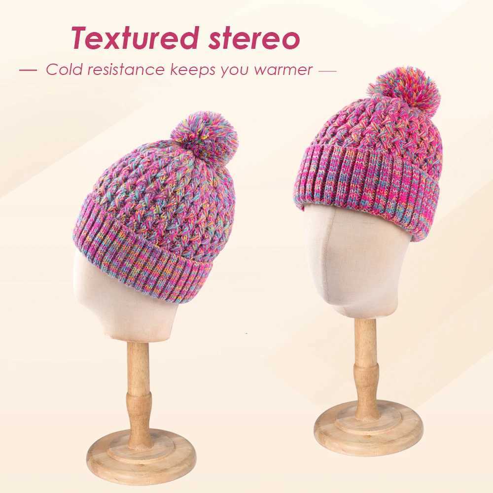 Ladies Single Layer Knitted Hat with Colorful Ball Pom Winter Head Warmth Pineapple Patterned Cap Beanie with pompomXJ251023