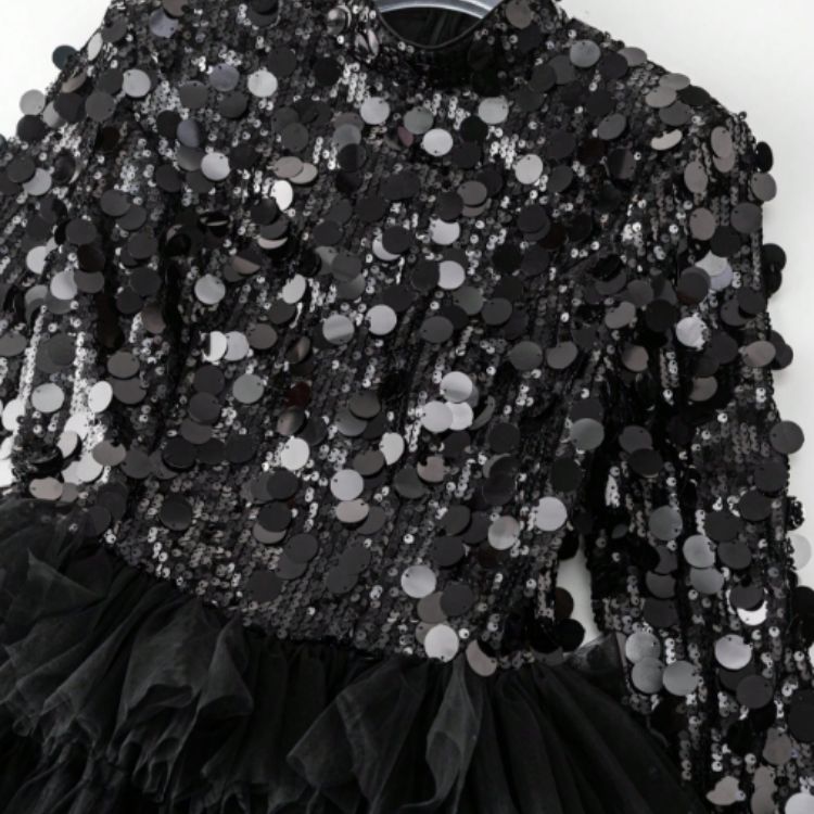 Women's Mememe Brand Sequin Evening Dress, Side Slit Tiered Tulle Cake Skirt Formal Gown (S-XL, Black/White)-D354