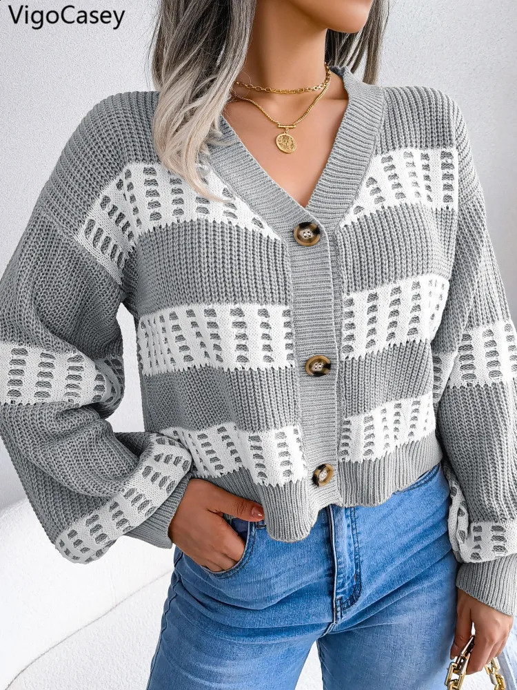 VigoCasey Autumn V Neck Single Breasted Sweater Cardigan Winter Women Casual Stripe Lady Loose Short Knitted Coat 251022