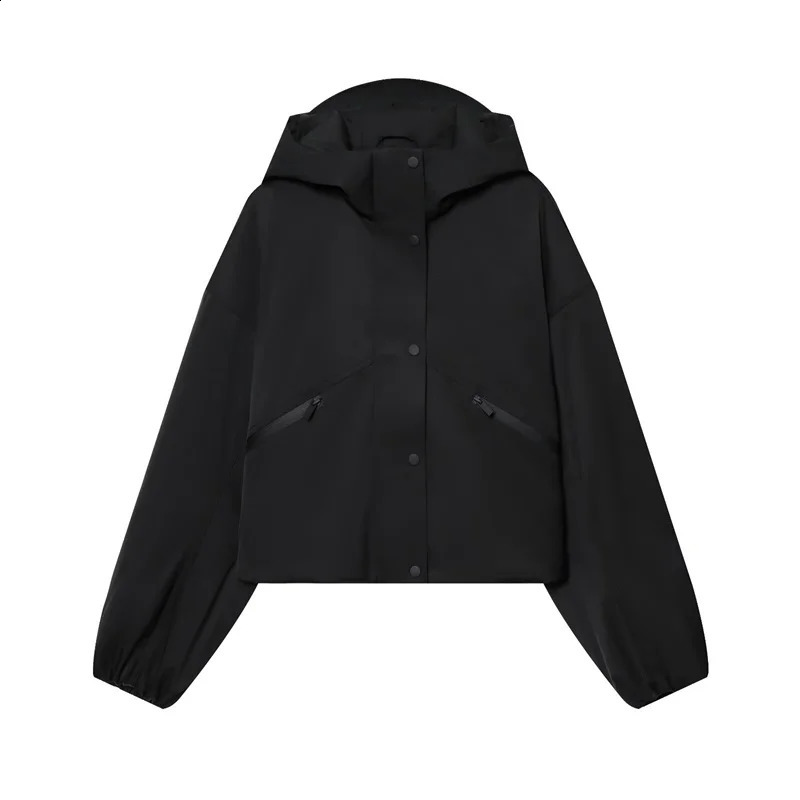 Womens Coat Autumn Style Black Long Sleeve Hooded Waterproof Windproof Simple Jacket Casual Fashion Versatile 251013