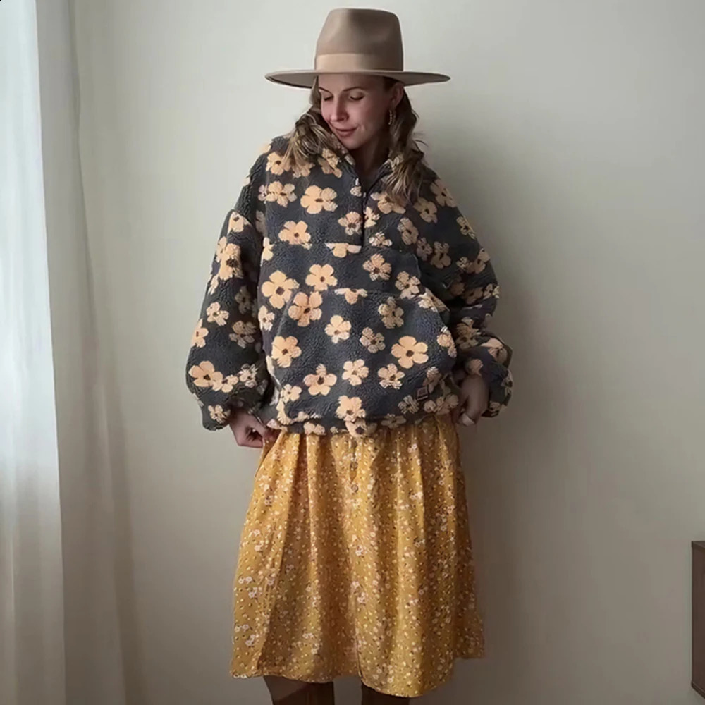 Talenza Fashion Print Pullover ContrastOversized Zipper Knit LongSleeve Top Casual Warm Office Wear Vintage Women Sweatshirts 251022