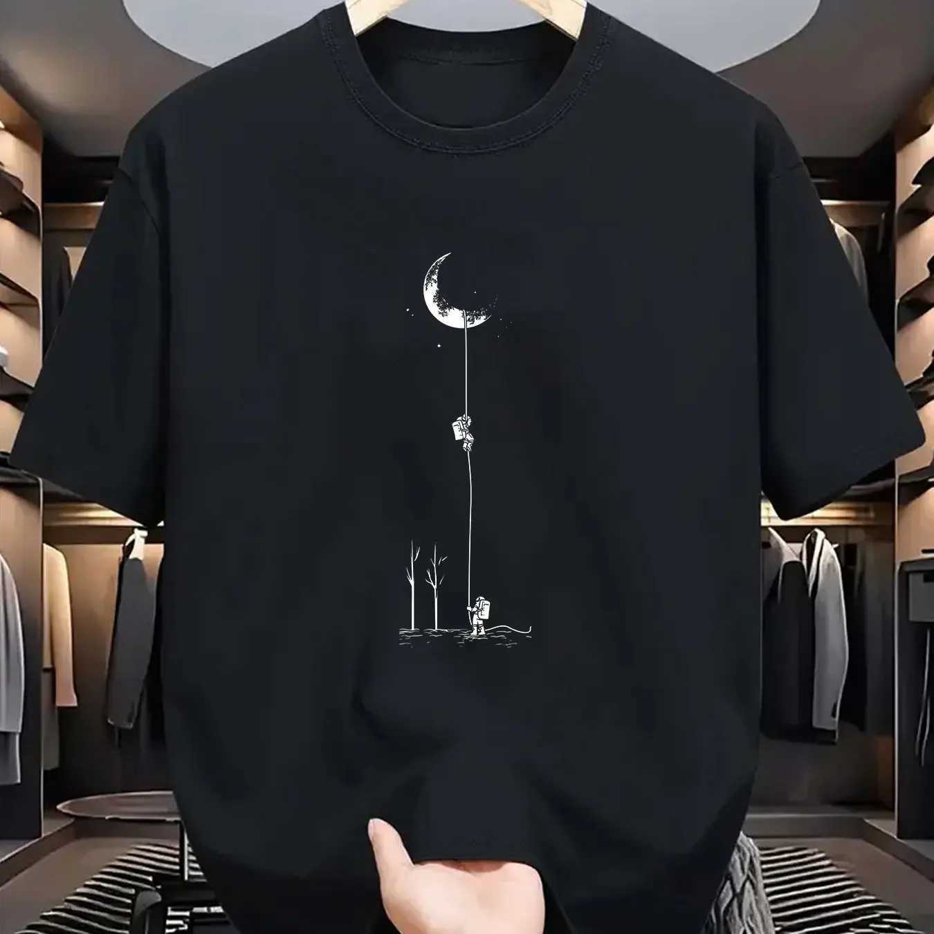 Summer mens 100 pure cotton casual loose fit plus size moon landing pattern printed round neck short sleeved Tshirt topXJ251023