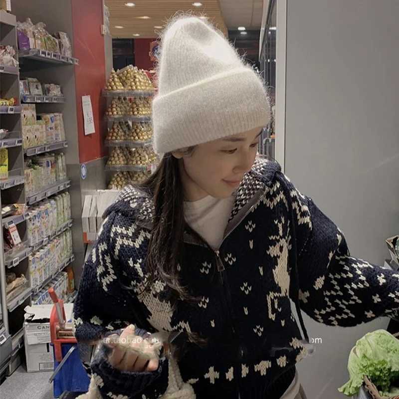 2024 Fluffy Angora Hat Rabbit Fur Warm Winter hat For Womans Cashmere Wool Soft Beanies Blue Knitted Hat Outdoor Ski FemaleXJ251023