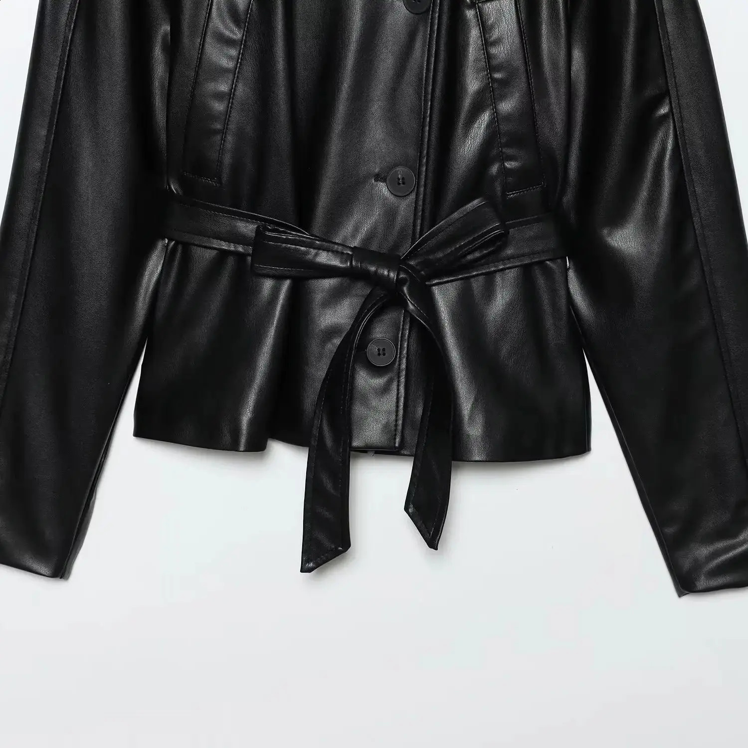 DiYiG WOMAN Autumn Fashion Leather Effect Jacket Retro Long Sleeve Joker Belt Outerwear Mujer 251017