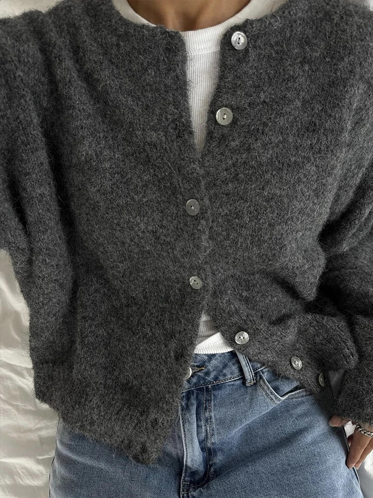 Womens Loose Solid Sweater Coat O Neck Cardigan Office Commute Knitwear Single Breasted Long Sleeve Streetwear Tops Autumn 251022