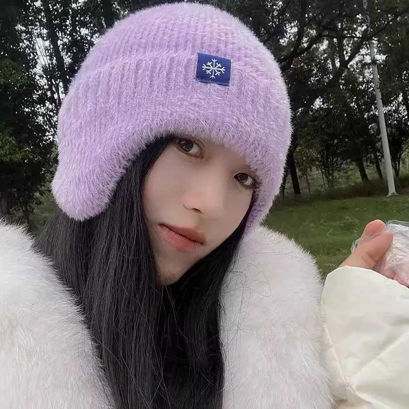 Hot Sa Wen Earflap Winter Hat Candy Fashion Faux Fur Knitted Hat Kpop Sty Soft Beanie Hats Fa StreetwearW251023