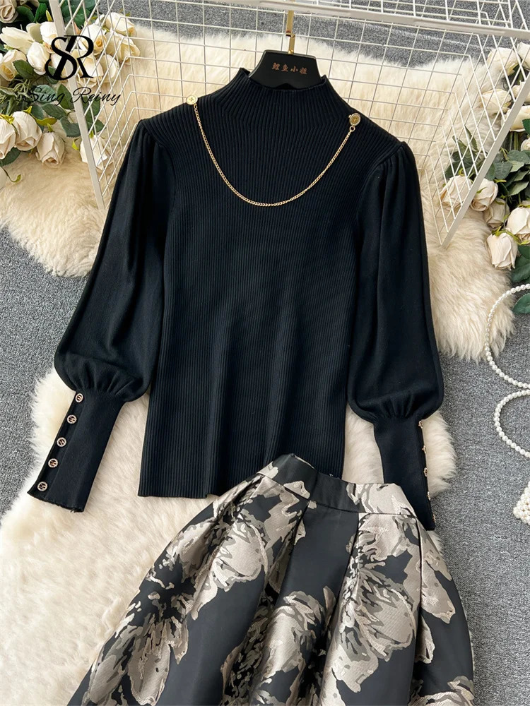 SINGREINY Ladies Retro Sweater Suits Fashion Lantern Sleeve Loose Pullovers A Line Long Skirts Print Knitted Two Pieces Sets 251020