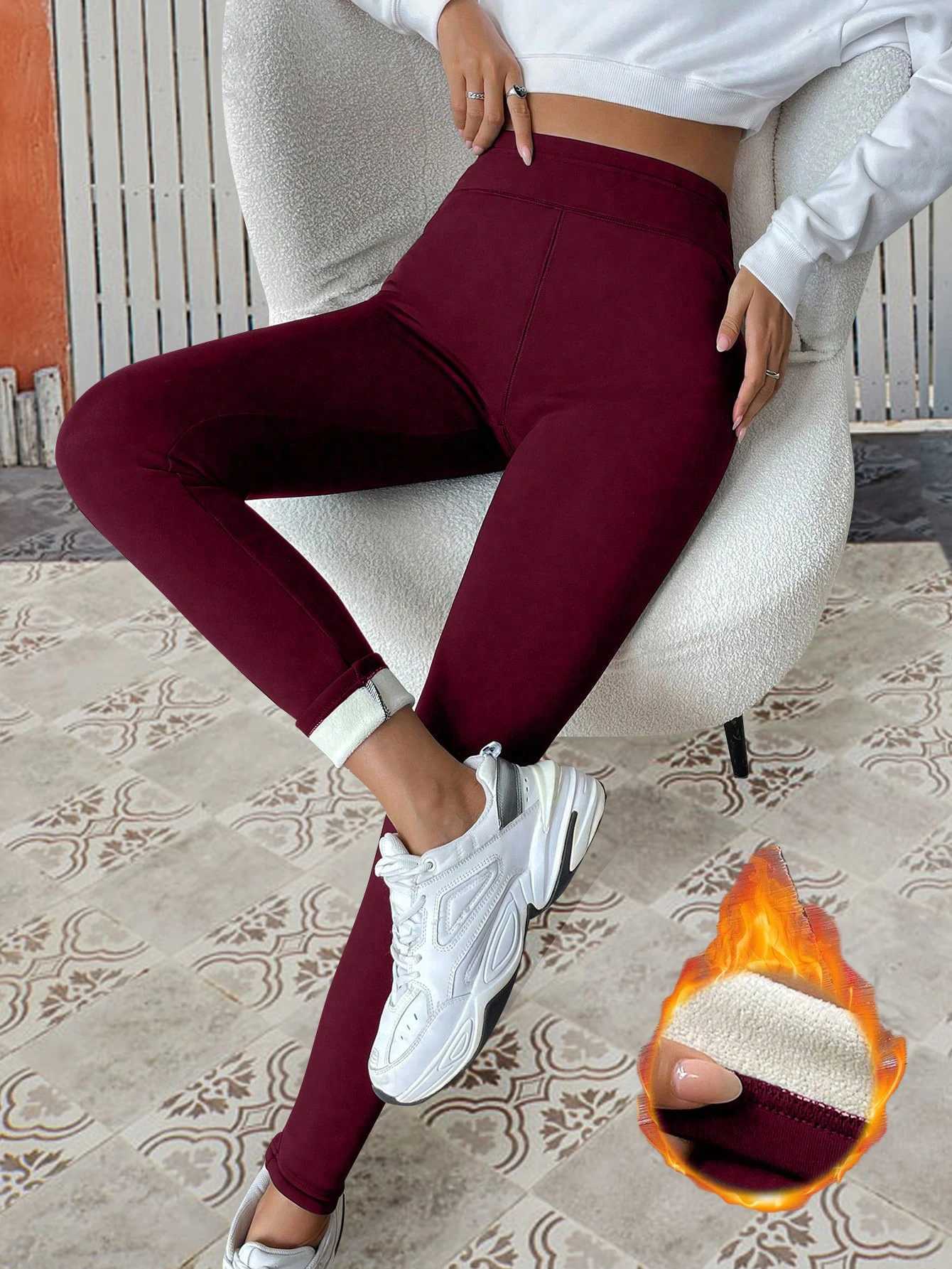 Wine red casual tight leggings padded leggings with velvet elastic waistband without pockets autumn and winter womens wearT251023