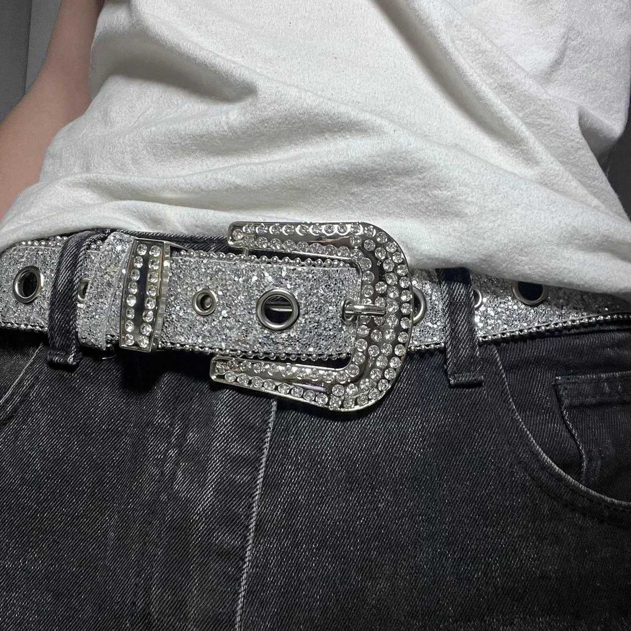 Unisex Silver bling Silver belt Rhinestones Studded Metal Pin Buckle PU Leather Belt Jeans Waistband for Men and WomenXJ251023