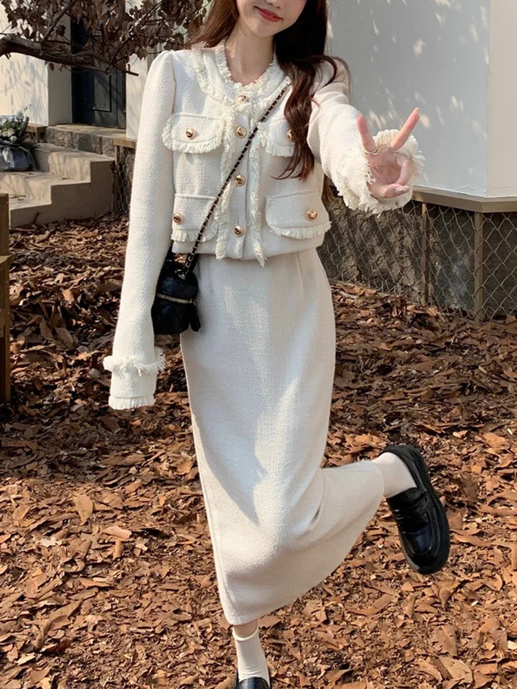 Spring Casual Tow Piece Sets Women White Short Tweed Jacket Fashion Korean Long Skirt Female Elegant Chic Slim Sweet Suit 251022