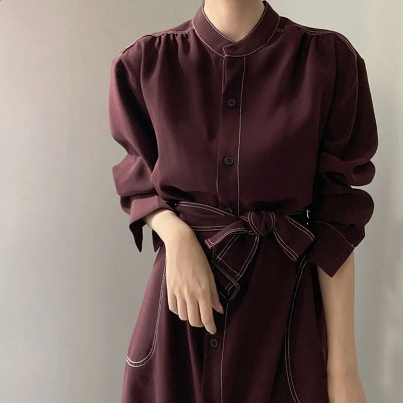 REALEFT Spring Autumn Single Breasted Womens Shirt Dresses Sashes Stand Collar Korean Casual Straight Dress Female 251022