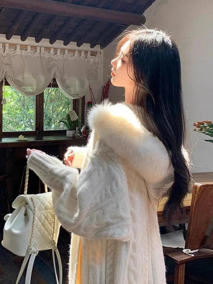 Fur Hooded Sweater Jacket Women Autumn Winter Cardigan Thickened Long Female Loose Simple Leisure Casual Knitwear 251022