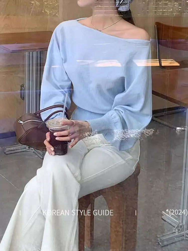 Boat Neck Long sleeve Knitwear Women Pullover Off shoulder Puff sleeve Sweater Spring Autumn Outwear Lady Casual Top 251023