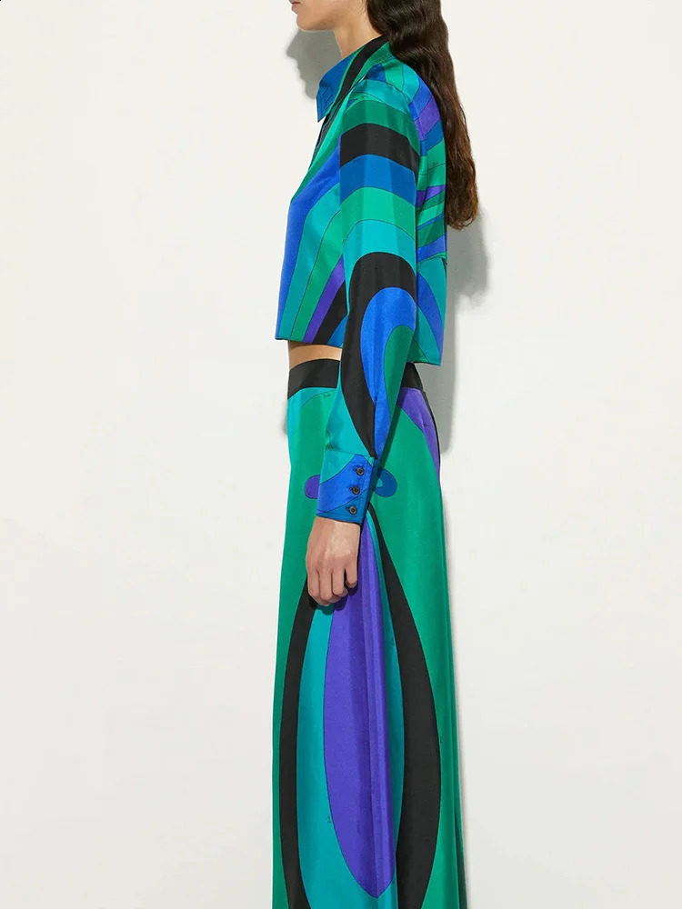 Autumn Loose Commute Outfits Elegant Crop Top Casual Two Piece Fashion Contrast Color Long Sleeve ShirtsWide Leg Pants Sets 251022