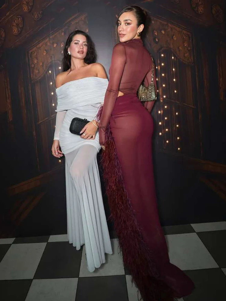 Sisterlind See Through 2Piece Set Women Coquette BodysuitFurry Patchwork Split Skirt Stretch Skinny Waistless Clubwear Outfits 251016