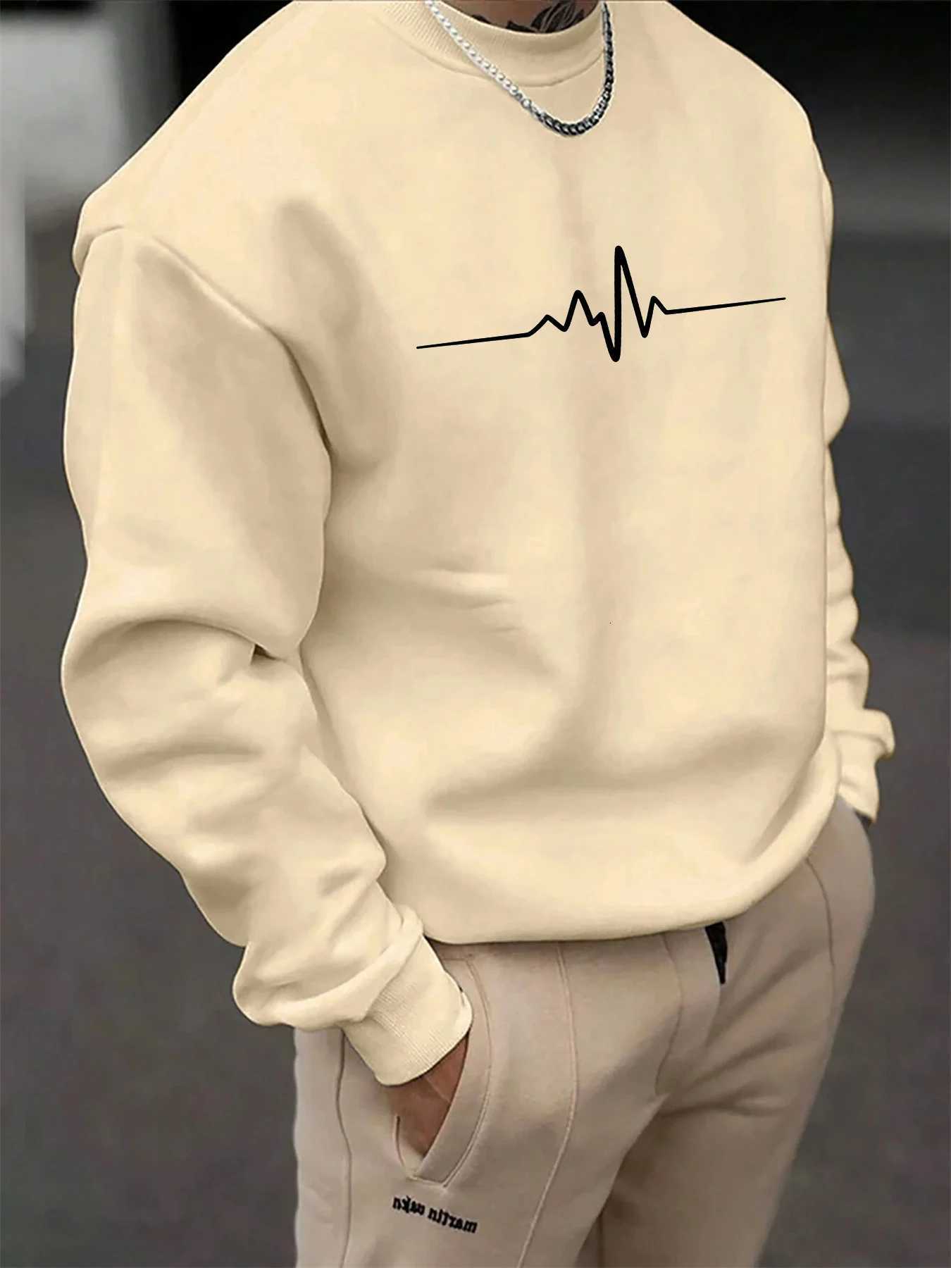 Mens autumn and winter fashionable casual loose ECG heartbeat graphic print fleece pullover long sleeved round neck sweatshirtT251023
