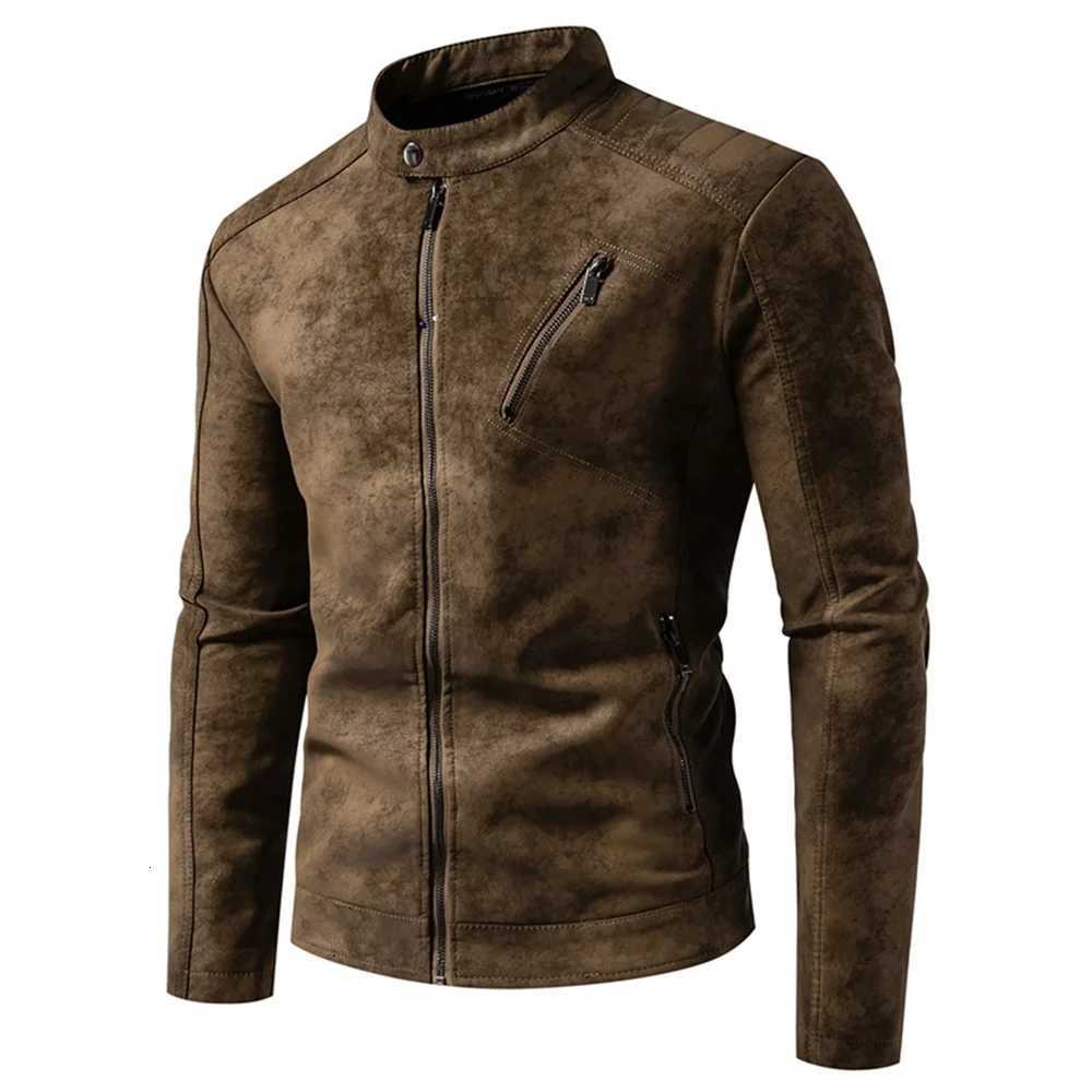 New spring and autumn retro American casual leather jacket mens fashion motorcycle leather jacket tiedyed washed matte coat W251023