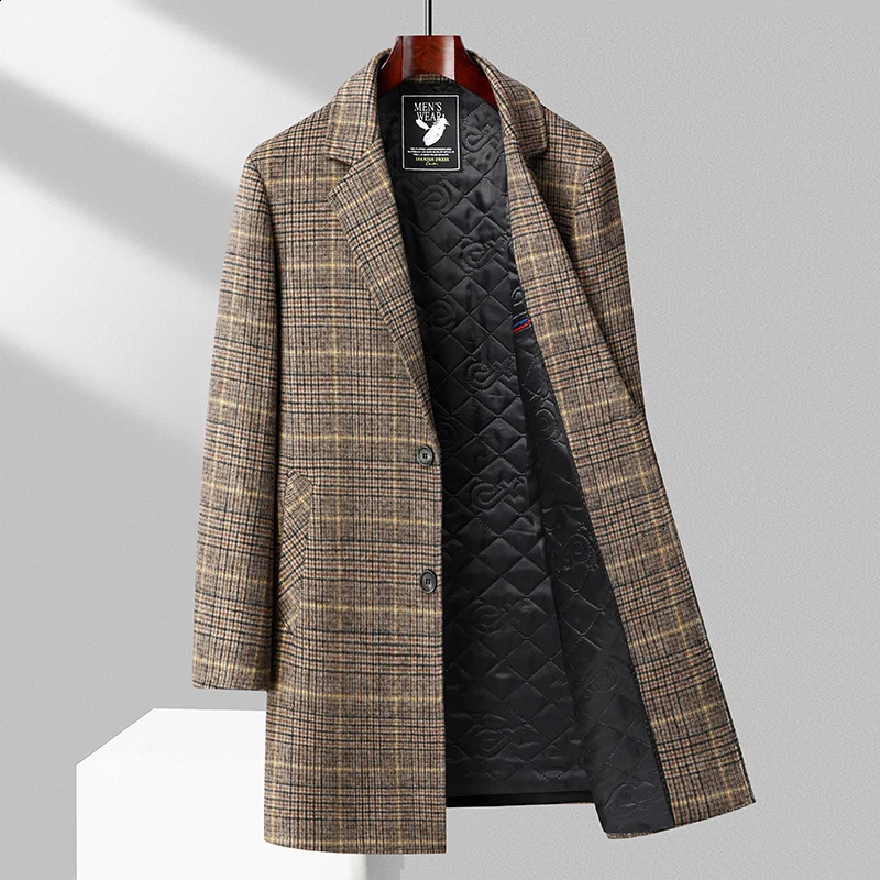 High Quality Mens Casual MidLength Plaid Woolen Coats Winter Outwear Warm Tops Overcoat Thick Striped Wool Windbreaker Jackets 251023