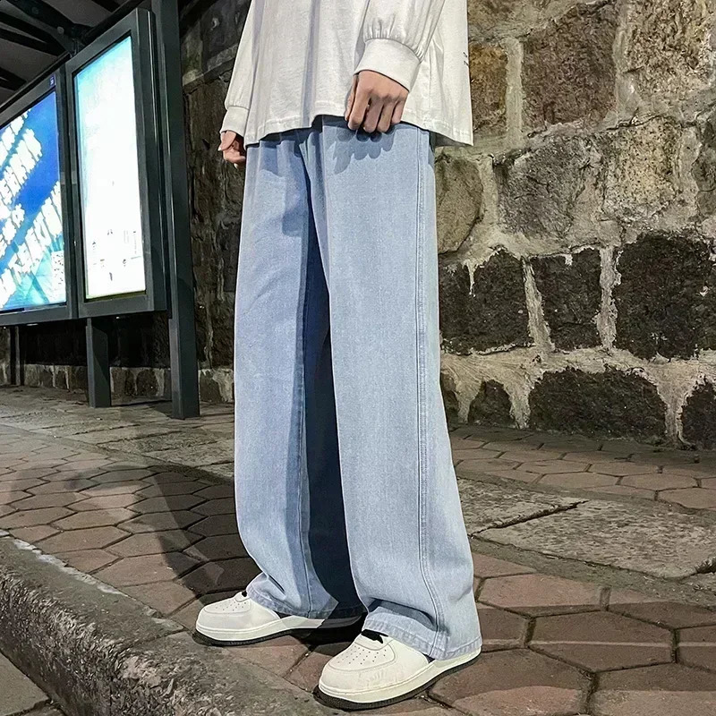 2025 Fashion Korean Mens Casual Long Jeans Classic Male Straight Leg Denim Wide Pants Solid Color Light Blue Gray Black 251018