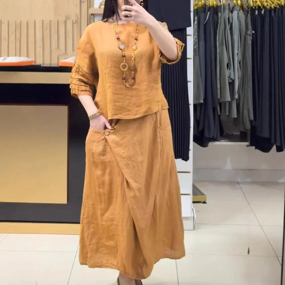 Spring Summer Womens Skirt Suit Pullover Top Oneck Irregular Long Simple Elegant Casual Solid Color 2piece Sets 251022