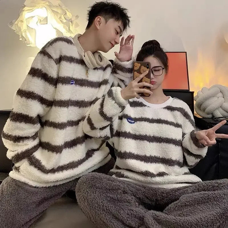 Couple Pajamas for Men Fleece Winter Sleepwear Korean Sleeping Night Wear 2 Pcs Pants Sets Oneck Warm Home Suit Striped Pijama 251021