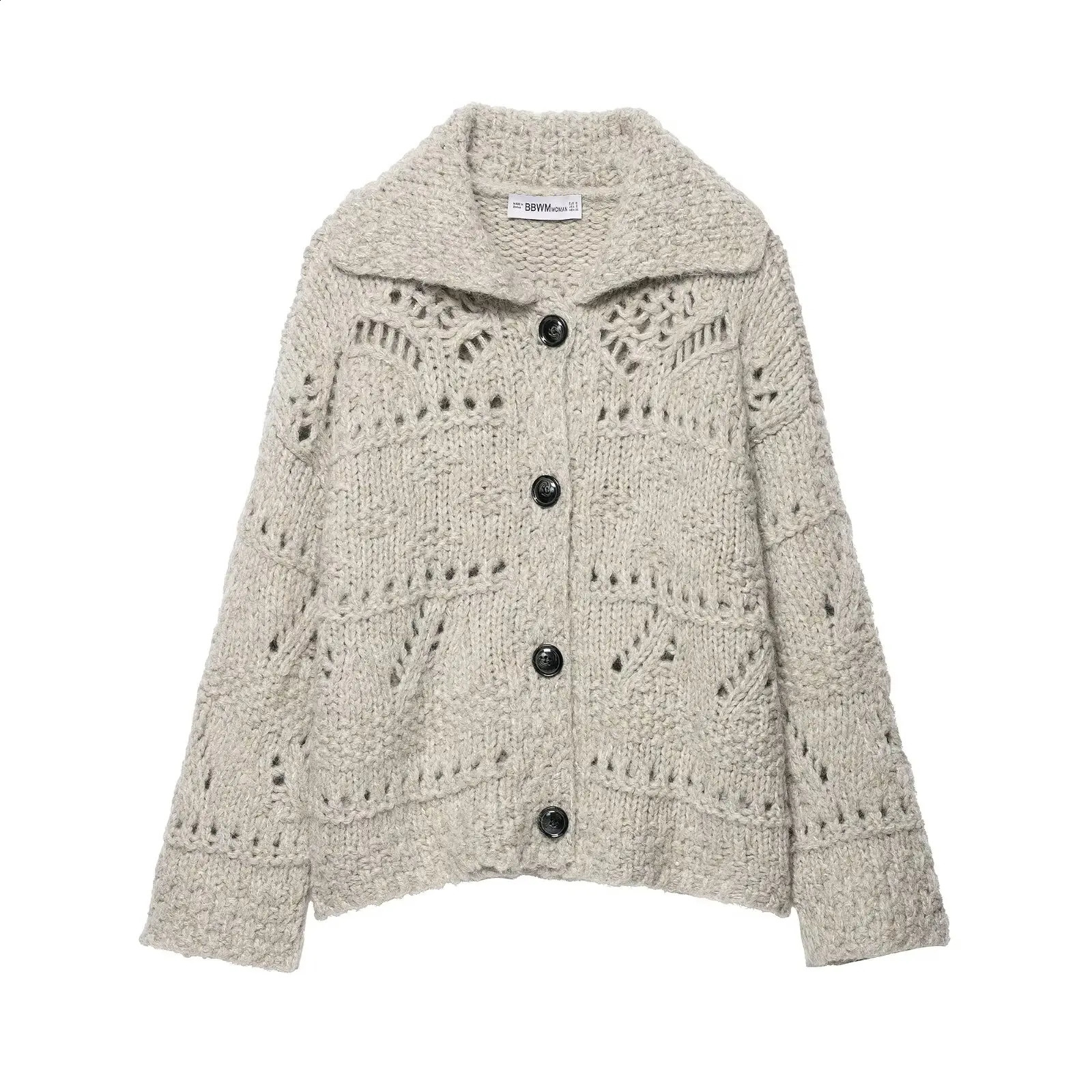 Autumn Hollow Out Knitted Cardigan Women Korean Style Gentle Lapel Long Sleeve Loose Casual Sweater Coat Female Knitwear 251022