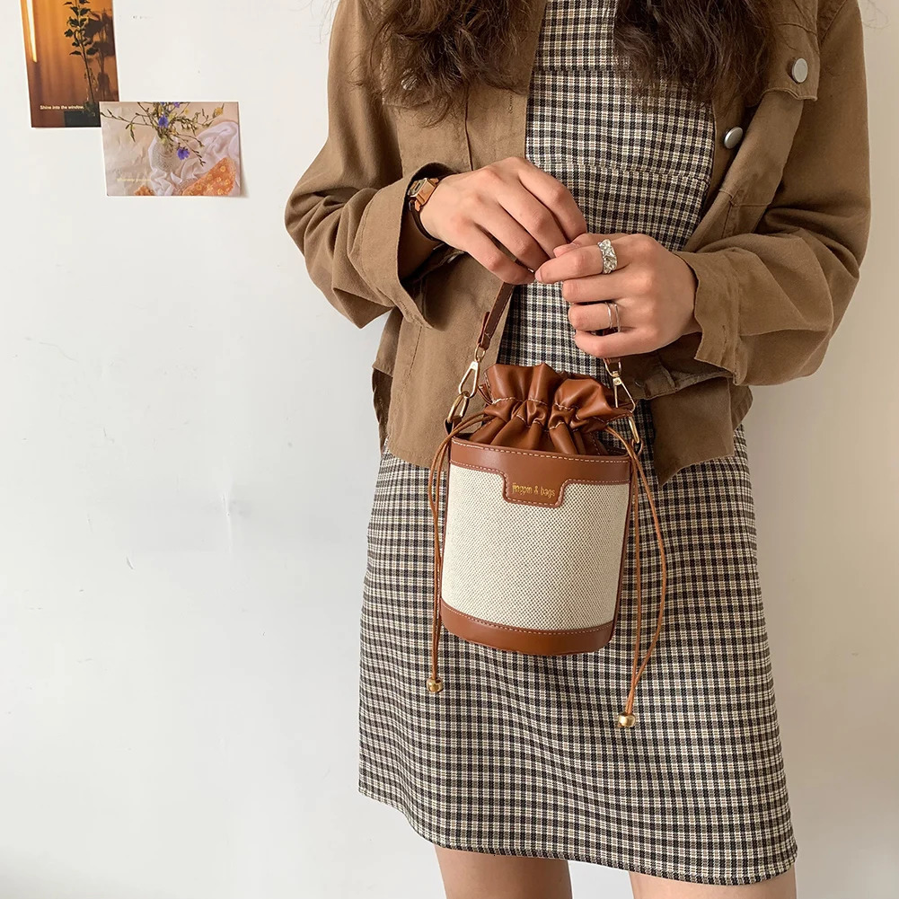 Women Vintage Patchwork Cylinder Shoulder Bag Drawstring Bucket Leather Crossbody Mini PU Handbag 251018