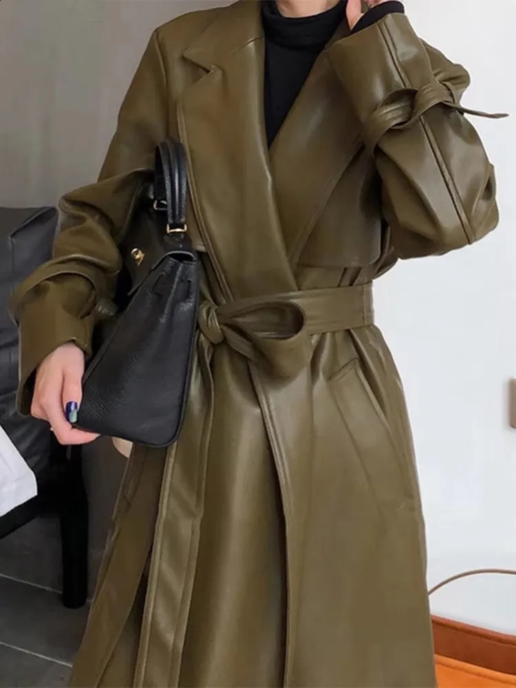 Mauroicardi Spring Autumn Long Waterproof Pu Leather Coat Women Sashes Elegant y Chic Korean Fashion Clothes Overcoat 251017