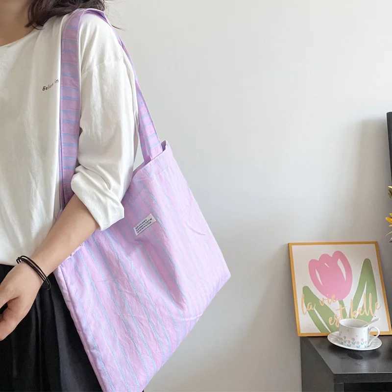 Contrast Color Womens Stripes Shoulder Bag Thin Cotton Ladies Eco Shopping Bags Casual Travel Female Girls Summer Tote HandbagsL251023
