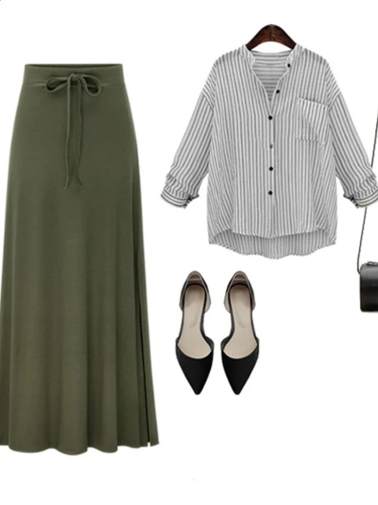 Plus Size Cotton Elastic Waist Aline Skirts Casual Autumn Mid Length Women Hip Slim Female Long Shed Bowknot 251022