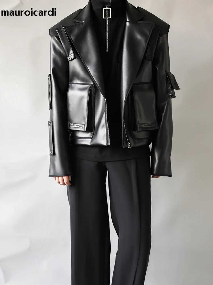 Mauroicardi Spring Autumn Cool Oversized Short Black Soft Faux Leather Jacket Men Zipper Luxury Designer Clothes Runway Fashion W251023