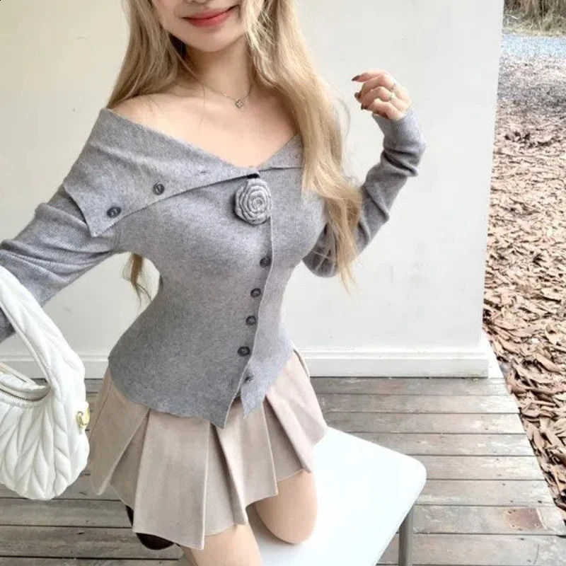 Spring Autumn Solid Color Slash Neck Long Sleeve Fashion Sweater Women High Street Button Patchwork Cardigan Off Shoulder Tops 251023