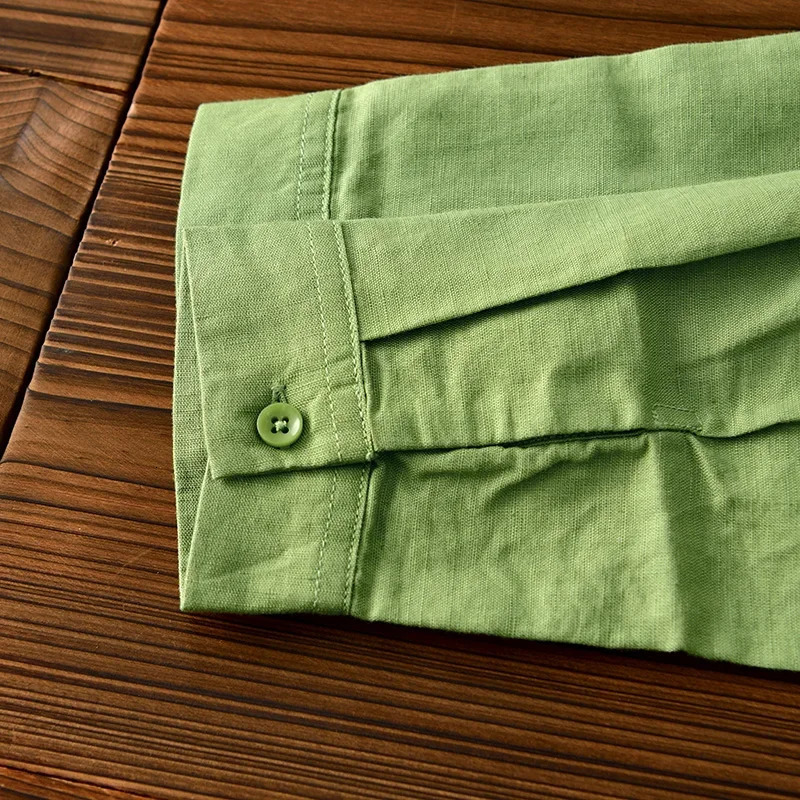 Green Cotton Linen Casual Shirts For Men Basic Classic Long Sleeve Turndown Collar Breathable Clothing 251016
