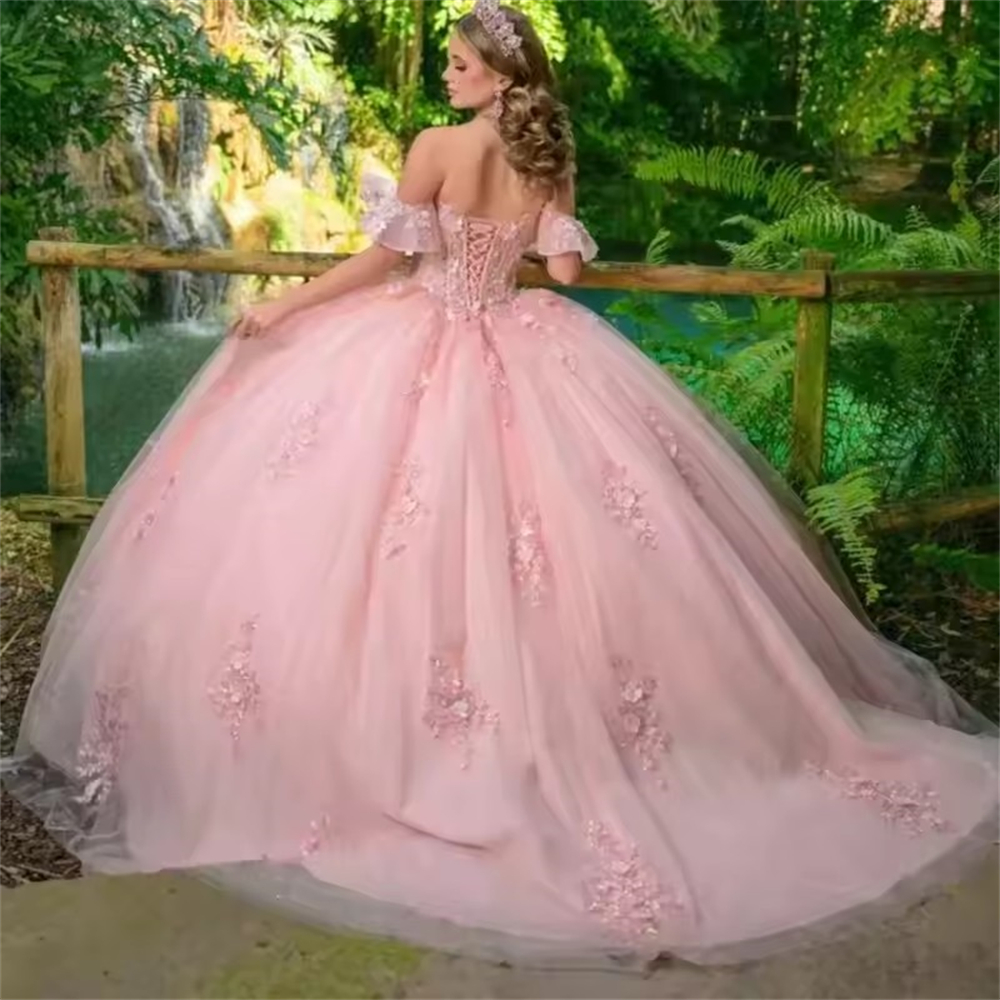 Ball Gown Quinceanera Dresses Pink Glittering Sexy V-Neck Off Shoulder Lace Plus Size Customized Princess Sweet 15 16 Birthday Party Gowns Vestidos De