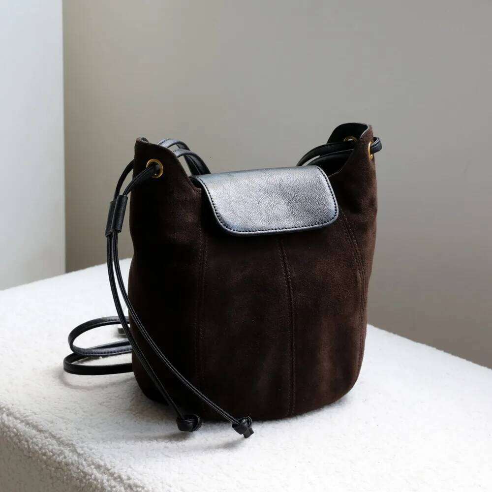 Niche Portable Matte Leather Bucket Women's High Mercerized Suede Contrasting Color Light Shoulder Messenger Bag