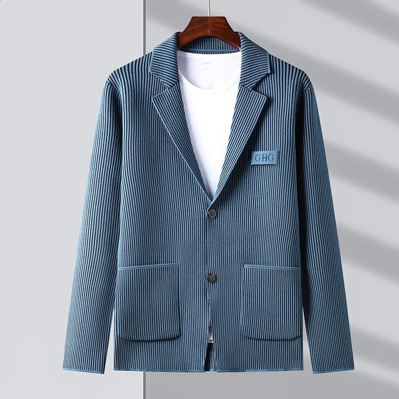 Top Grade Fashion Slim Fit Blazer Jacket Smart Elegant Stylish Knitted Suit Striped Men Coat Casual Mens Clothes 251023